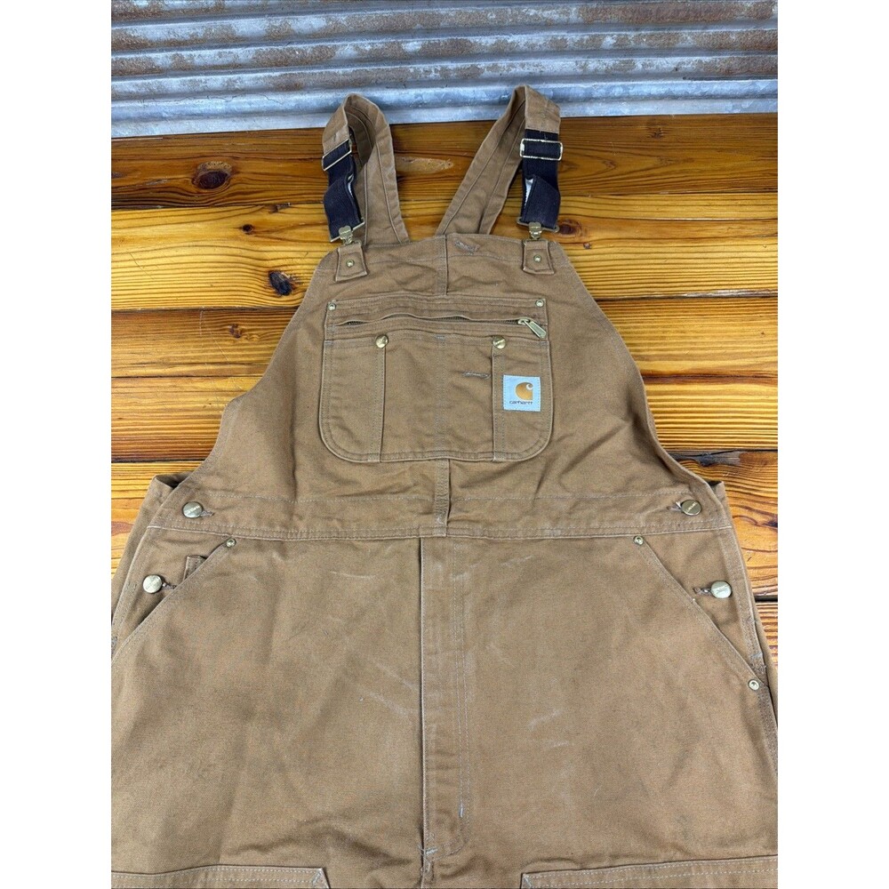 Carhartt R37 BRN Canvas Double Knee Bib Overalls SZ 42x30 Work Outdoor